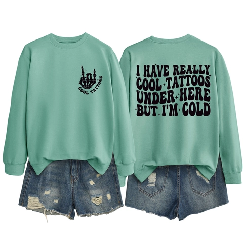 Sweat-shirt Oversize en Mélange de Coton pour Femmes Col Rond Cool Tattoos Slogan Graphique Amusant Manches Longues Pullover Streetwear