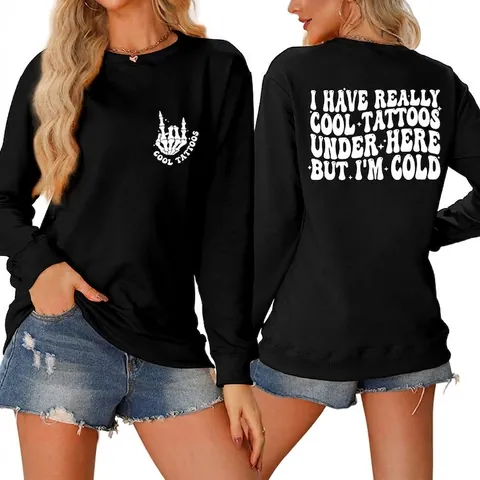 Sweat-shirt Oversize en Mélange de Coton pour Femmes Col Rond Cool Tattoos Slogan Graphique Amusant Manches Longues Pullover Streetwear