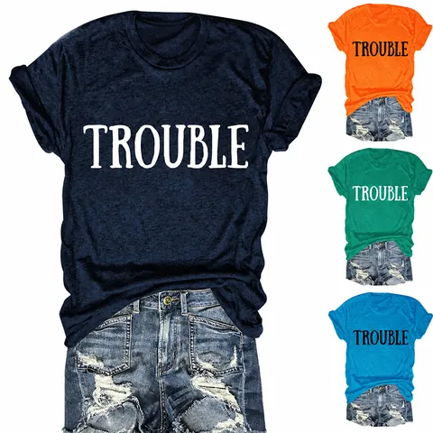 Women Trouble Letter Print T-Shirt Round Neck Short Sleeve Loose Casual Cotton Blend Summer Top Soft Breathable