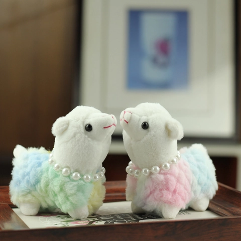 Cute Alpaca Plush Toy Pendant With Faux Artificial Pearl Necklace Metal Chain Macaron Gradient Color Stuffed Animal Toy Keychain For Bag Decor Kids Gift