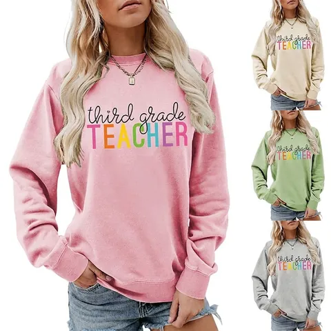 Damen Casual Baumwollmischung Langarm Sweatshirt Third Grade Teacher Druck Pullover Schule Geschenk Rundhalsausschnitt Top
