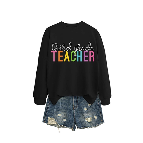 Damen Casual Baumwollmischung Langarm Sweatshirt Third Grade Teacher Druck Pullover Schule Geschenk Rundhalsausschnitt Top