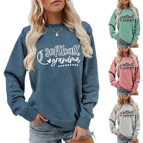 Softball Grandma Sweatshirt Femme Col Rond Manches Longues Mélange Coton Ample Décontracté Sport Pull