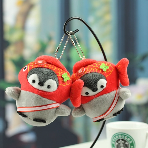 Cute Penguin Plush Keychain Wearing Red Koi Fish Hat Soft Stuffed Animal Bag Pendant Charm For Women Kids Accessory