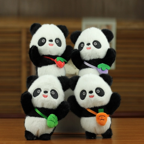 Mignon Porte-Clés En Peluche Panda Poupée Animal Rembourrée Douce Avec Mini Sac De Fruits Pour Ornement De Sac À Dos Cadeau D'anniversaire Enfants Filles
