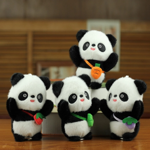Mignon Porte-Clés En Peluche Panda Poupée Animal Rembourrée Douce Avec Mini Sac De Fruits Pour Ornement De Sac À Dos Cadeau D'anniversaire Enfants Filles