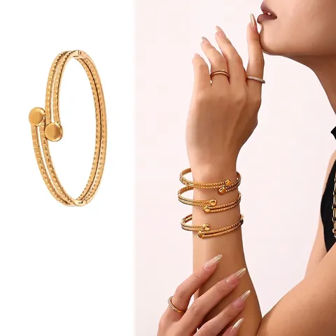 Layered Open Bangle Stainless Steel 18K Gold Plated Textured Bypass Bracelet Ball Ends Modern Minimalist Trendy Jewelry