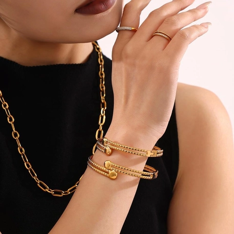 Layered Open Bangle Stainless Steel 18K Gold Plated Textured Bypass Bracelet Ball Ends Modern Minimalist Trendy Jewelry
