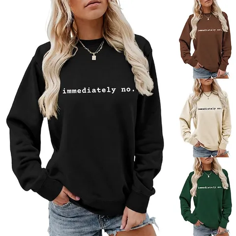 Sweatshirt Femme Mélange Coton Col Rond Manches Longues Immediately No Imprimé Lettres Pull Décontracté Streetwear Haut