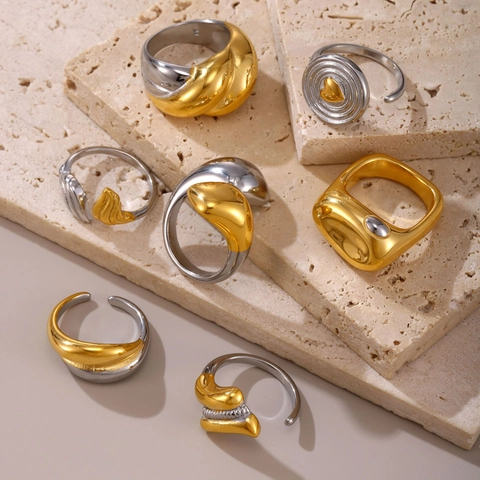 Bagues En Acier Inoxydable Bicolore Pour Femmes Plqué Or 18K Géométrique Ajustable Anneau Ouvert Cœur Minimaliste Bijoux