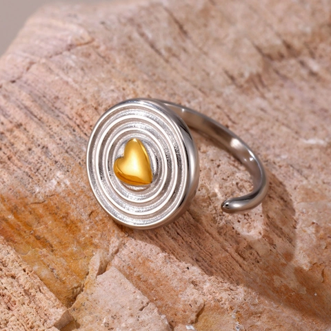 Bagues En Acier Inoxydable Bicolore Pour Femmes Plqué Or 18K Géométrique Ajustable Anneau Ouvert Cœur Minimaliste Bijoux