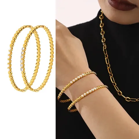 Bracciale Rigido In Acciaio Inossidabile Zircone Perla Artificial Incastonata Texture Perla Artificialta Gioielli Di Moda Di Lusso Per Donna