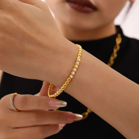 Bracciale Rigido In Acciaio Inossidabile Zircone Perla Artificial Incastonata Texture Perla Artificialta Gioielli Di Moda Di Lusso Per Donna
