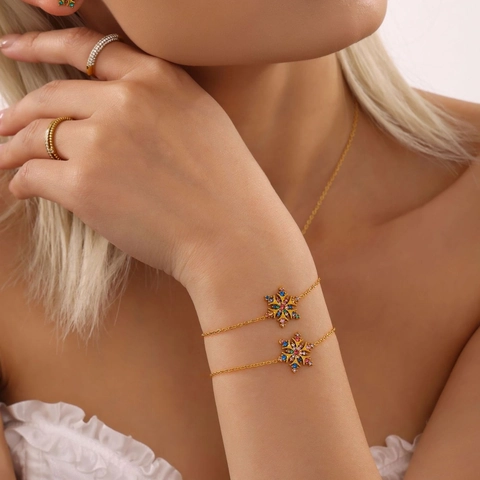 Roestvrij Staal Kerst Sneeuwvlok Zirconia Ketting Armband Oorbellen Goud Multicolor Steen Sieraden Voor Vrouwen Cadeau