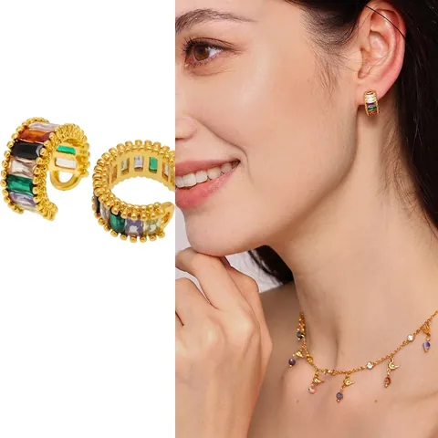 Orecchini A Clip In Pietra Di Vetro Rettangolare Colorata Rame Senza Buco Forma C Placcati In Oro Gioielli Per Donna