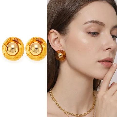 Boucles D'oreilles Puces Rondes Vintage Avec Cuivre Plaqué Or 18K Et Résine Texture Marbre Pour Femmes Style Rétro Niche