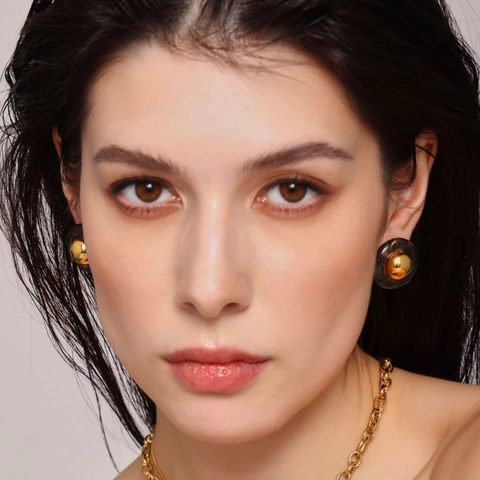 Boucles D'oreilles Puces Rondes Vintage Avec Cuivre Plaqué Or 18K Et Résine Texture Marbre Pour Femmes Style Rétro Niche