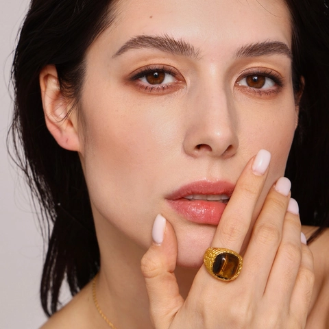 Vintage Stainless Steel Tiger Eye Stone Ring For Women Gold Plated Braided Texture Geometric Square Cabochon Rose Quartz Jewelry Ring