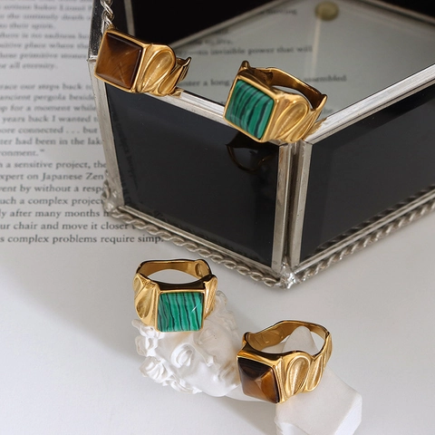 Anello In Acciaio Inossidabile Retrò Occhio Di Tigre Naturale Malachite Pietra Quadrata Fascia Larga Gioielli Vintage