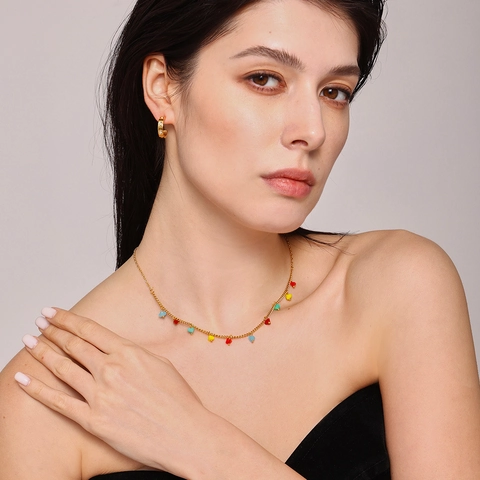 Bohemian Stainless Steel Gold Plated Necklace With Multi Color Faceted Crystal Stone Heart Pendants Geometric Choker For Women