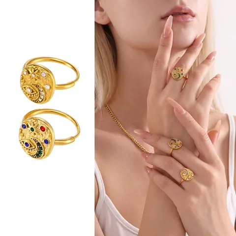 Roestvrijstalen Zirkonia Ring Hemelse Ster Maan Boze Oog Patroon Boheemse Vintage Stijl Sieraden Voor Vrouwen