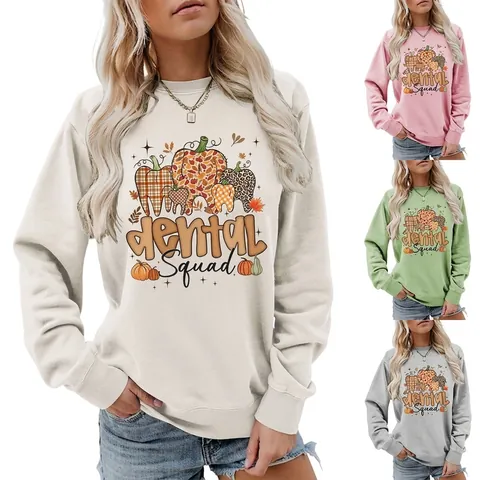 Damen Sweatshirt Rundhals Langarm Baumwollmischung Dental Squad Druck Pullover Lässig Herbst Zahnarzt Halloween Thema
