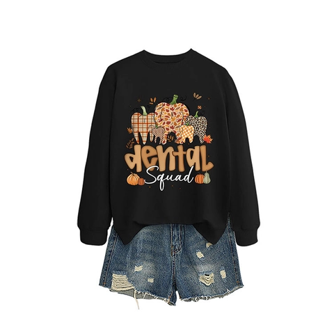 Damen Sweatshirt Rundhals Langarm Baumwollmischung Dental Squad Druck Pullover Lässig Herbst Zahnarzt Halloween Thema