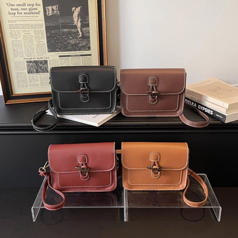 Borsa a Tracolla Vintage in Pelle PU da Donna Cuciture a Contrasto Chiusura a Alamaro Piccola Borsa a Spalla Casual Quotidiana