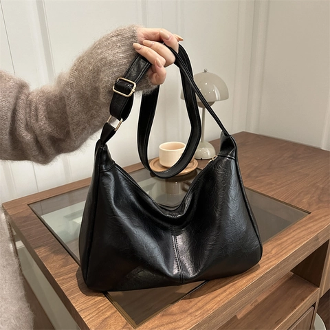 Women Hobo Shoulder Bag Large Capacity Vintage PU Leather Underarm Tote Zip Closure Adjustable Strap Fashion