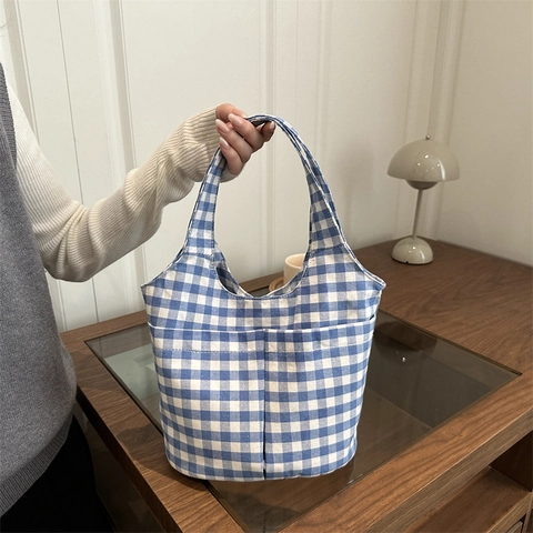Korean Style Vintage Gingham Canvas Tote Bag Large Capacity Lightweight Checkered Shoulder Shopping Bag For Women Students
