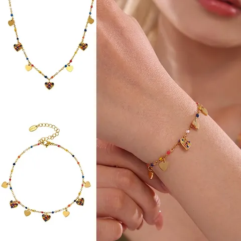 Heart Pendant Necklace Bracelet Anklet Jewelry Stainless Steel Zircon Colorful Beads Sweet Bohemia Style For Women