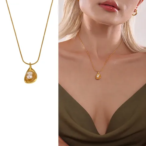 Roestvrijstalen Zoetwaterparel Ketting Waterdruppel Schelp Hanger Vintage Slangenbot Ketting Voor Dames Minimalistische Sieraden