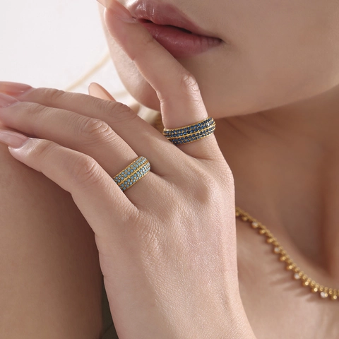 Luxury Gold Plated Stainless Steel Ring With Pave Zirconia Turquoise Micro Set Multi Row Finger Ring For Women Jewelry
