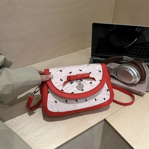 Borsa A Tracolla Dolce Da Donna Tessuto Pieghettato Con Stampa A Fiocco Ciondolo A Cuore Estetica Y2K Borsa Vintage