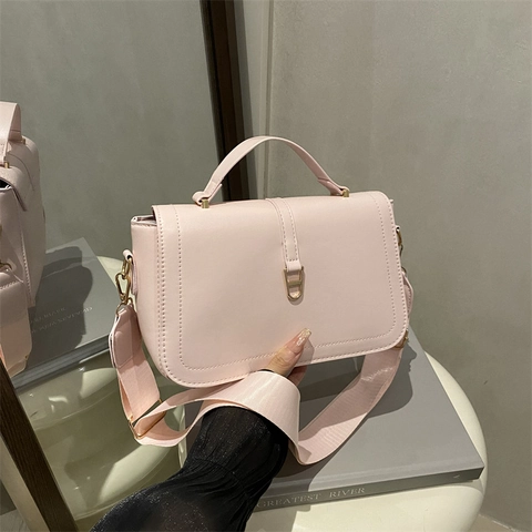 Women's Chic Niche Design Shoulder Bag Solid Color PU Leather Crossbody Handbag With Metal Lock And Wide Fabric Strap Fashionable Bag