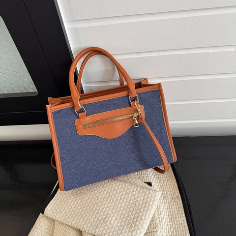 Borsa Tote Retro In Denim E Pelle PU Patchwork Grande Capacità Chiusura A Cerniera Borsa A Mano Casual Per Donna
