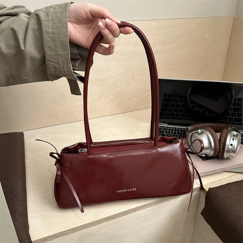 Women Glossy PU Leather Baguette Bag Underarm Shoulder Handbag Simple Solid Color Fashion With Side Bow Knot Design
