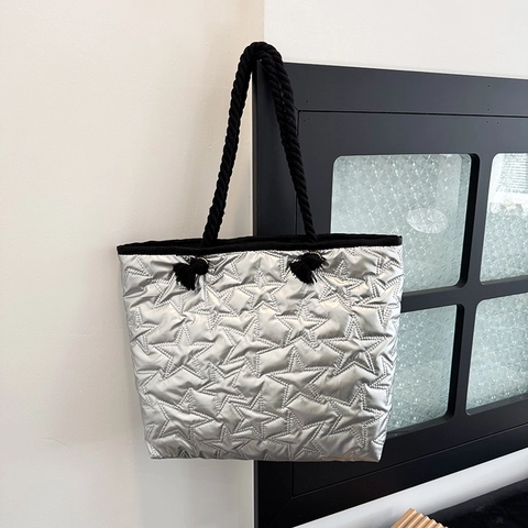 Borsa Tote Trapuntata a Stelle Metalliche da Donna Grande Capacità Leggera in Tessuto Oxford con Manico in Corda Intrecciata per Pendolari