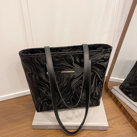 Sac Cabas Femme Grande Capacité Motif Marbre Sac à Main Minimaliste en Cuir PU Fourre-tout de Bureau Avec Décoration en Barre Métallique