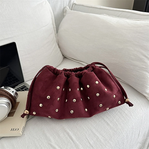 Bolso de Axila de Antelina Vintage para Mujer Con Remaches Bolso Nube Plisado Rétro Cordón Bolso de Hombro para Diario