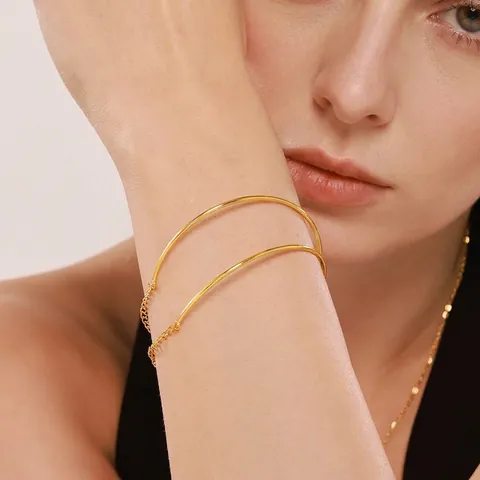 Stainless Steel Gold Plated Minimalist Thin Coil Bracelet For Women Trendy Adjustable Double Layer Geometric Bangle Jewelry