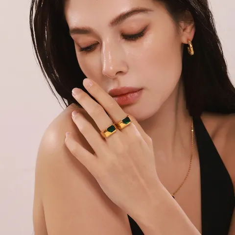 Women's Stainless Steel Zircon Ring Rectangular Emerald Cut Green Purple Stone Open Adjustable Geometric Punk Jewelry