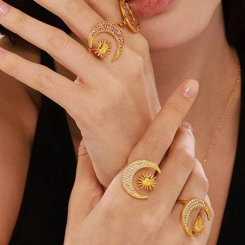 Exquisite Stainless Steel Sun Moon Zircon Necklace And Ring Jewelry 18K Gold Plated Celestial Astrology Jewelry For Women