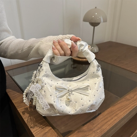 Elegante Dames Handtas Strik Parel Kant Geplooid Handvat Ketting Crossbody Tas Zoet Vintage Avondfeest Wolken Tas