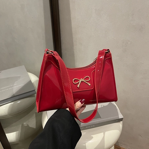 Bolso de Axila de Cuero de Patente con Lazo de Moda Retro Francés Brillante Bolso de Hombro para Mujer Color Sólido