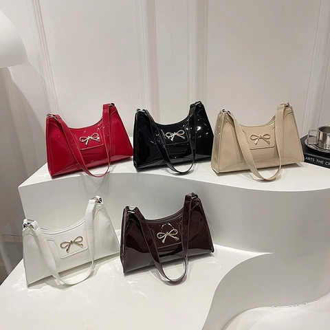Bolso de Axila de Cuero de Patente con Lazo de Moda Retro Francés Brillante Bolso de Hombro para Mujer Color Sólido