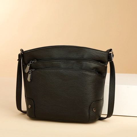 Sac Bandoulière Rétro Cuir PU Femmes Multi Poche Fermeture Éclair Sac À Épaule Vintage Décor Rivet Sangle Réglable