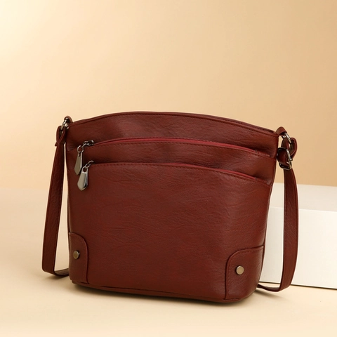 Retro PU Leather Large Capacity Shoulder Bag For Women Solid Color Multi-Pocket Zipper Crossbody Bag With Stitching Detail