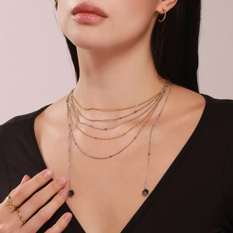 Multi Layer Tassel Necklace Stainless Steel Natural Stone Pendant Tricolor Chain Elegant Jewelry For Women