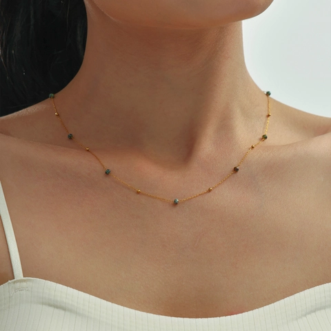 Collar de Perlas de Piedra Natural de Acero Inoxidable Romántico Francés Para Mujer Cadena Fina de Zirconia Facetada Chapada en Oro Joyería